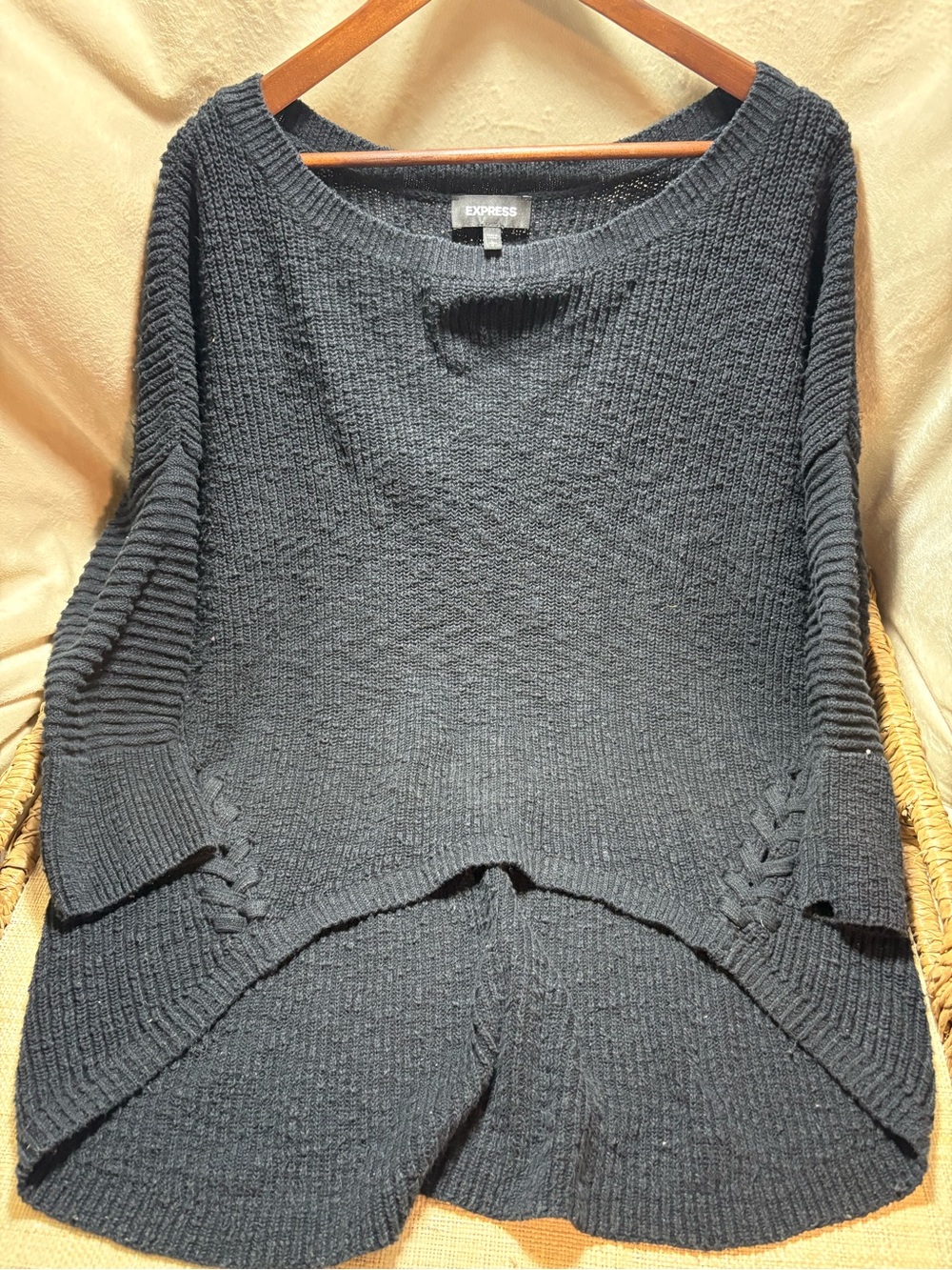 Express Black Distressed High Low Oversized Knit Sweater Size L Grunge
